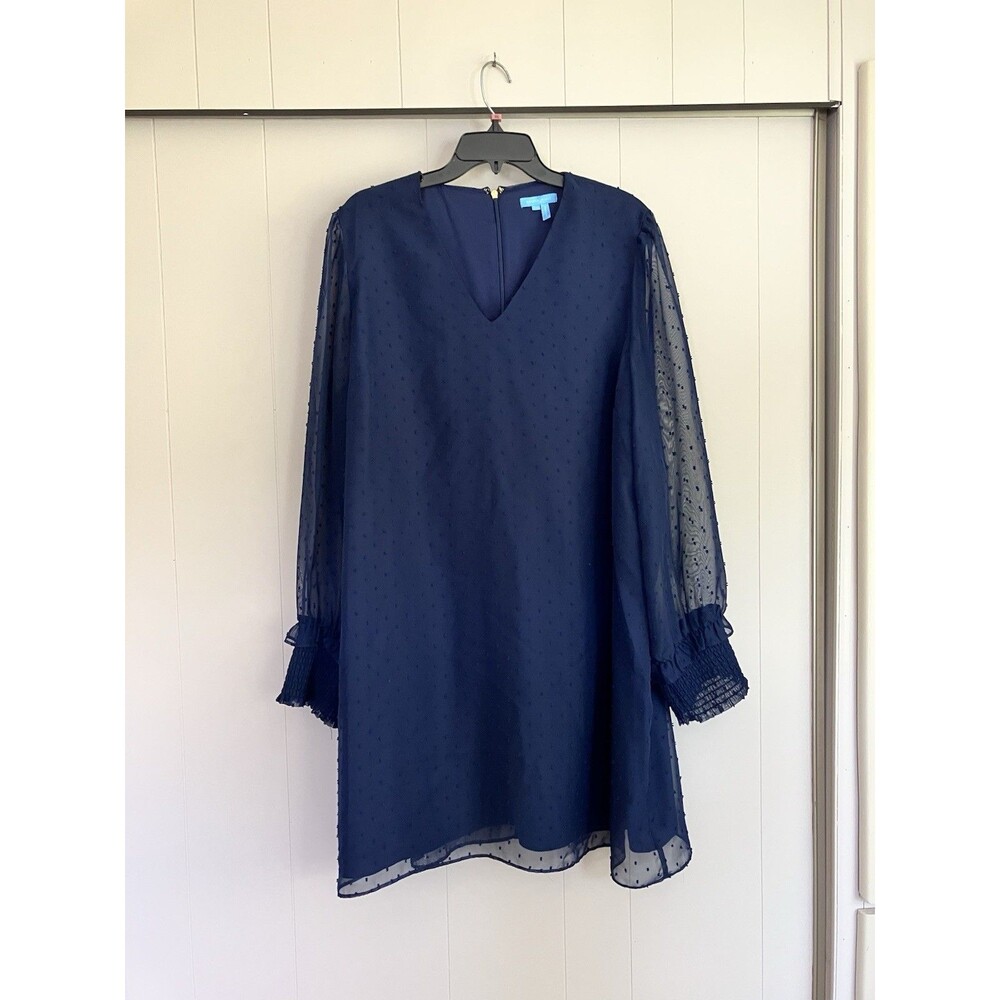 Draper James Navy Blue Swiss Dot Cocktail Dress XXL Sheer Long Sleeves V-Neck